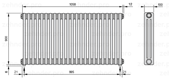 Схема (чертеж) Радиатор Zehnder Charleston 3090/23 №5310 Белый глянцевый RAL 9016